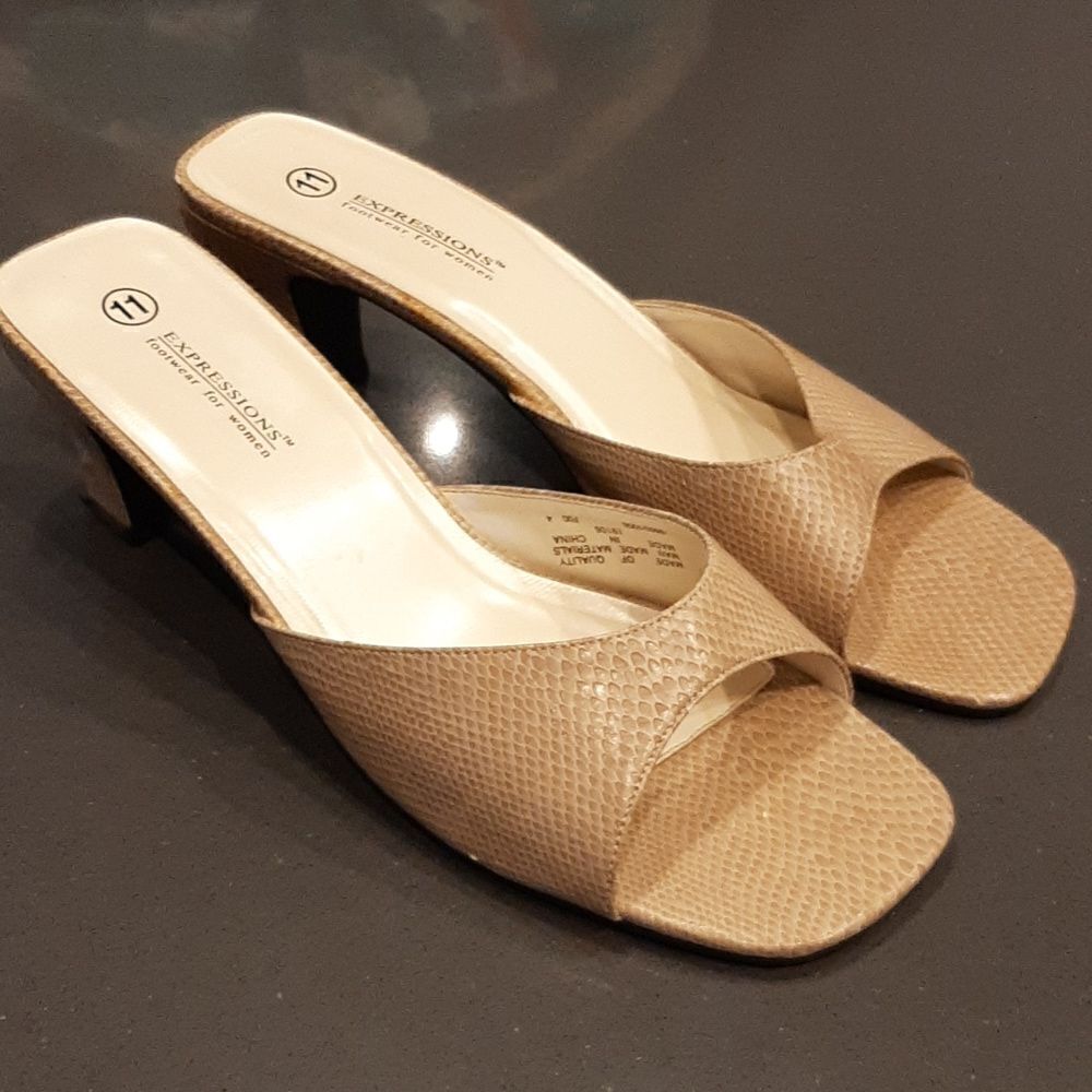Expressions Footwear For Women Cream/ Tan Faux Snakeskin Slide on Heels